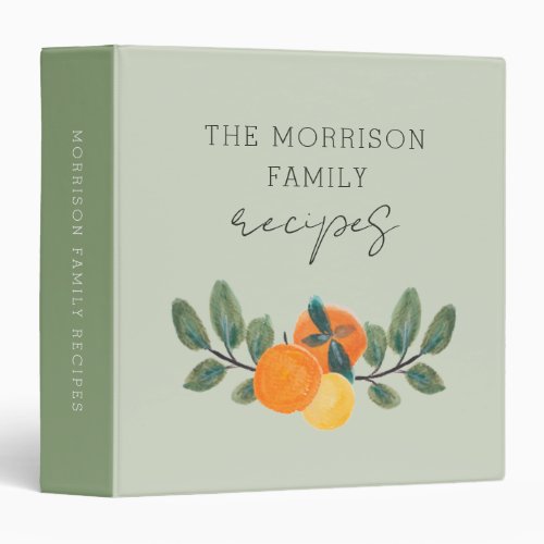 Orange Citrus Family Recipes Watercolor  3 Ring Binder