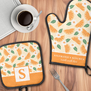 Orange Citrus Floral Cute Summer Monogrammed Oven Mitt & Pot Holder Set
