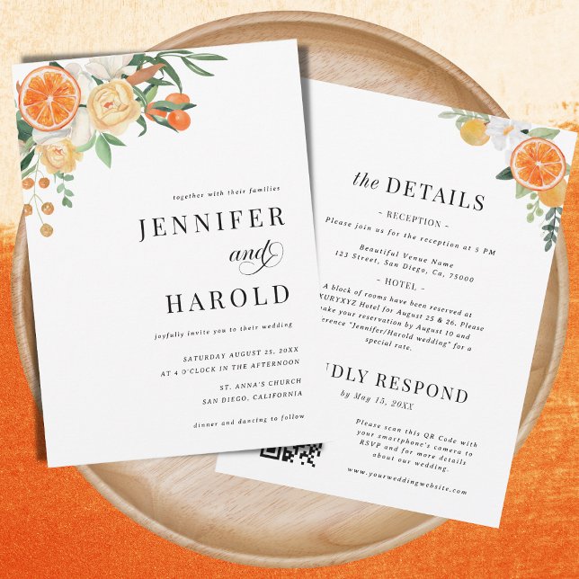 Orange Citrus Floral Minimal All in One Wedding Invitation (Creator Uploaded)