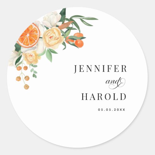 Orange Citrus Floral Minimal Names Wedding Classic Round Sticker