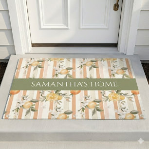 Orange Citrus Floral Peach Stripe Name Doormat