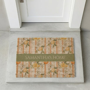 Orange Citrus Floral Peach Stripe Name Fiber Doormat