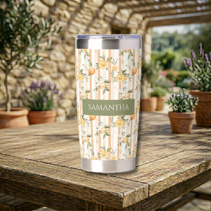 Orange Citrus Floral Peach Stripe Name Thermal Insulated Tumbler