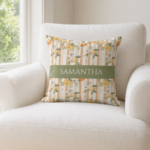 Orange Citrus Floral Peach Stripe Name Throw Pillow