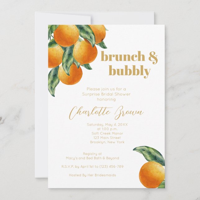 Orange Citrus Fruit Bridal Shower Brunch Bubbly Invitation (Front)
