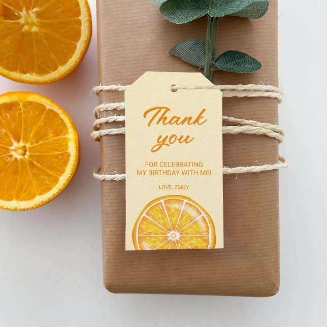 Orange Citrus Fruit Custom Birthday Thank You Gift Tags (Disclaimer: Designer uploaded mockup. Final product may differ. See Zazzle's previews for more.)