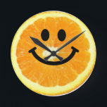 Orange Citrus Fruit Happy Face Clock<br><div class="desc">face face",  happy,  smile,  smiling,  "happy face face",  "smiling face",  cute,  sweet,  cheerful,  hippie,  hippy,  60s,  sixties,  smiler,  orange,  fruit,  kitchen,  food,  fruity,  oranges,  slice,  delicious,  yum,  round, </div>