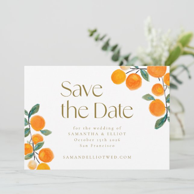 Orange Citrus Fruit Modern Minimalist Wedding Save The Date (Standing Front)