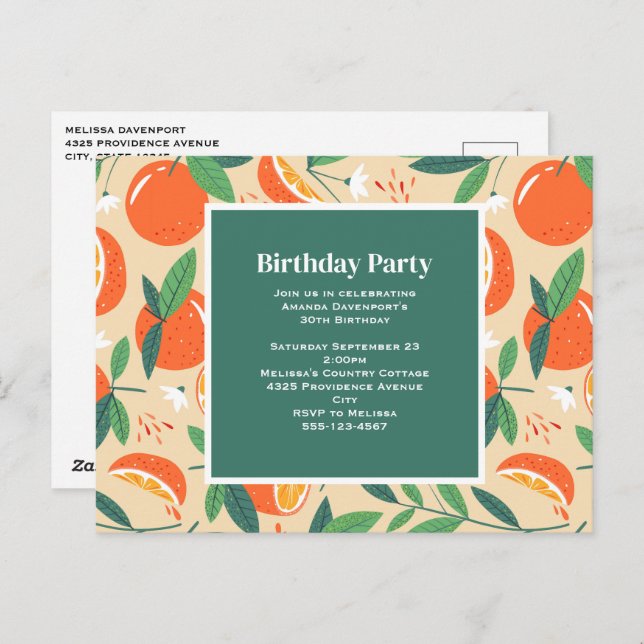 Orange Citrus Fruit Retro Pattern Birthday Invite (Front/Back)