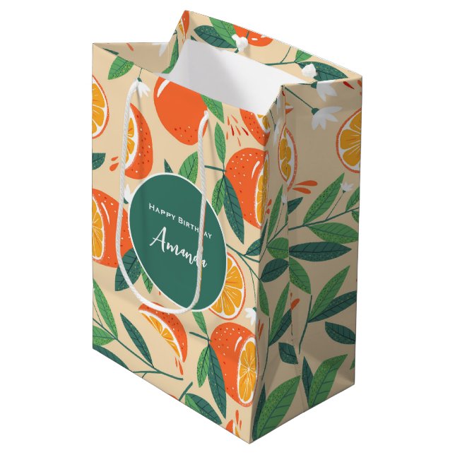 Orange Citrus Fruit Retro Pattern Birthday Medium Gift Bag (Front Angled)