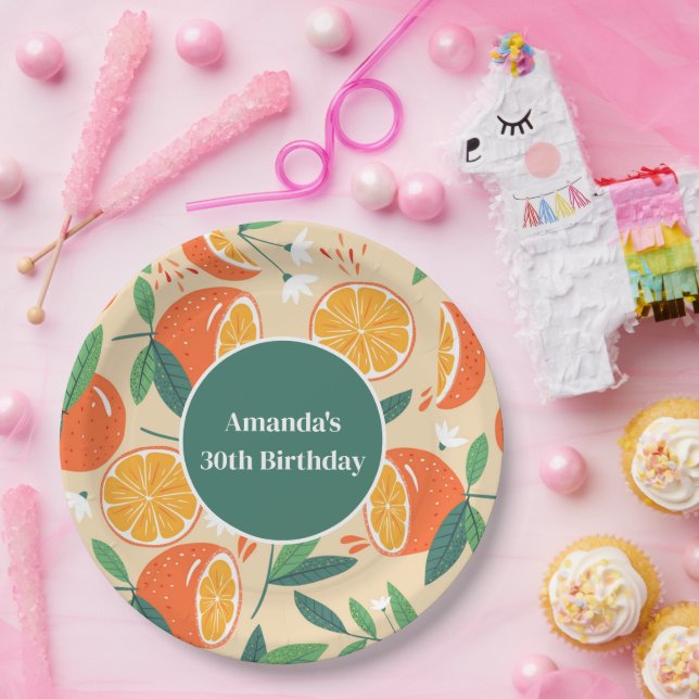 Orange Citrus Fruit Retro Pattern Birthday Paper Plates (Party)
