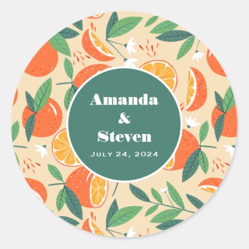 Orange Citrus Fruit Retro Pattern Event Date Classic Round Sticker