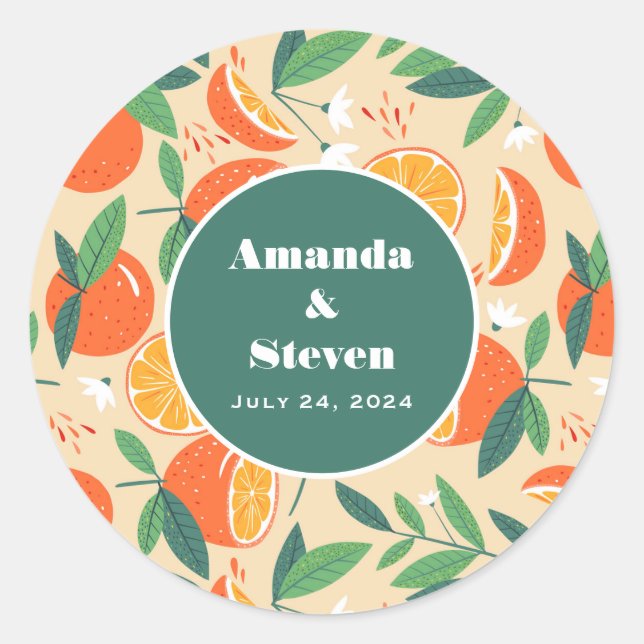 Orange Citrus Fruit Retro Pattern Event Date Classic Round Sticker (Front)