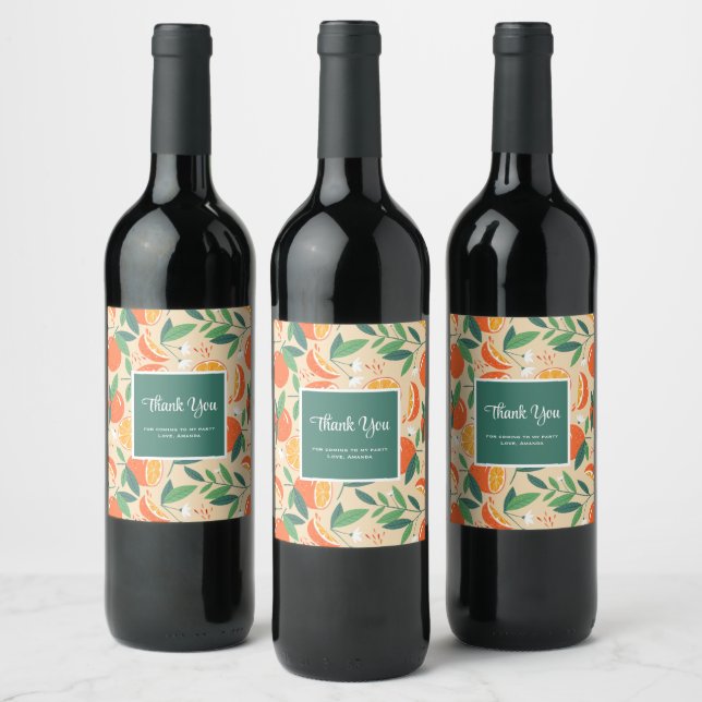 Orange Citrus Fruit Retro Pattern Party Thank You Wine Label (Bottles)