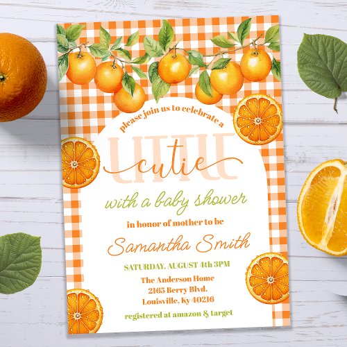 Orange Citrus Gingham Little Cutie Baby Shower Invitation