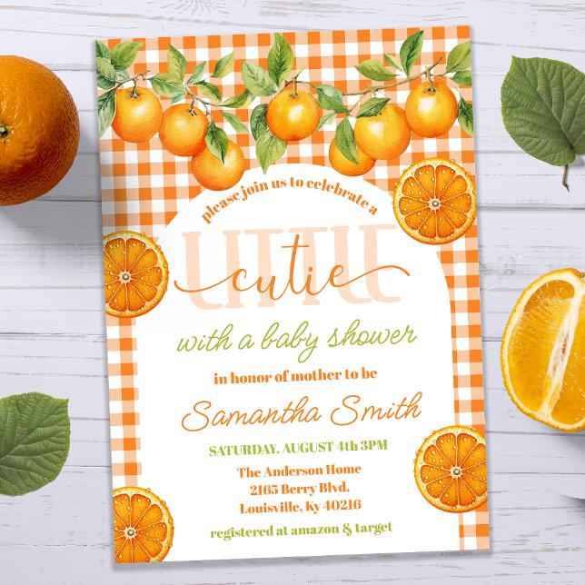 Orange Citrus Gingham Little Cutie Baby Shower Invitation (Creator Uploaded)