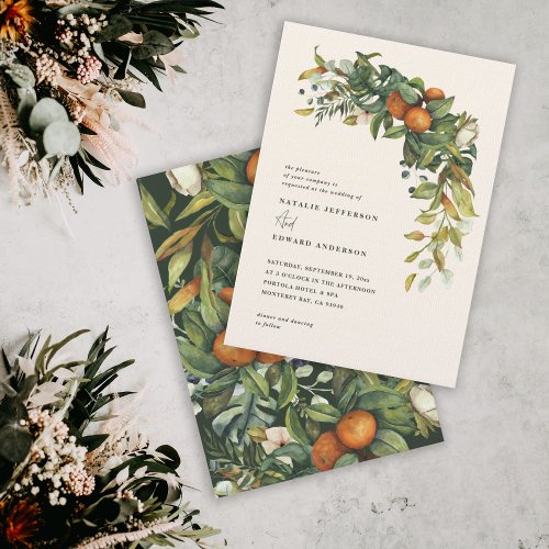 Orange citrus green watercolor botanical wedding