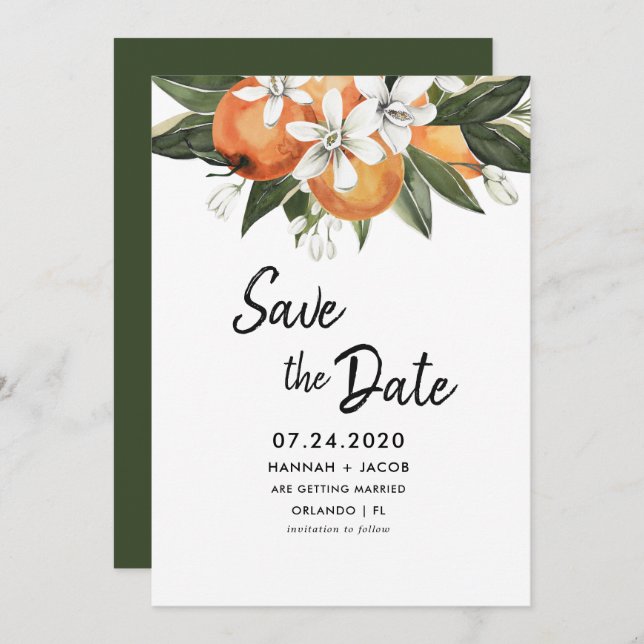 Orange Citrus Greenery Save The Dates Cards (Front/Back)
