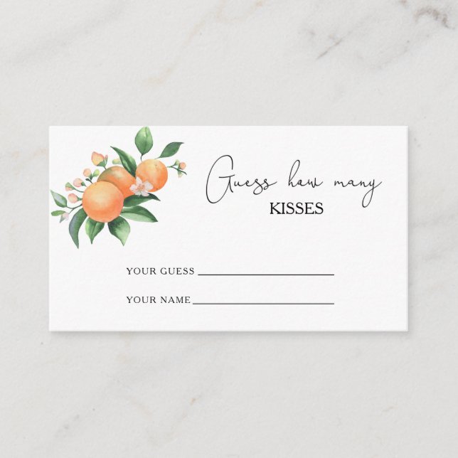 Orange citrus - guess how many kisses bridal game enclosure card (Front)