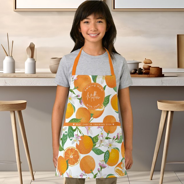 Orange Citrus Kids Chef Script Name Apron (Orange Citrus Pattern Watercolor Chef Kids Name Apron)