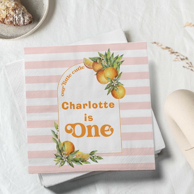 Orange Citrus Little Cutie 1st Birthday Paper  Napkins (Editable Our Little Cutie Birthday Paper Napkin Girls Clementine Oranges Birthday Party Arch Napkin)