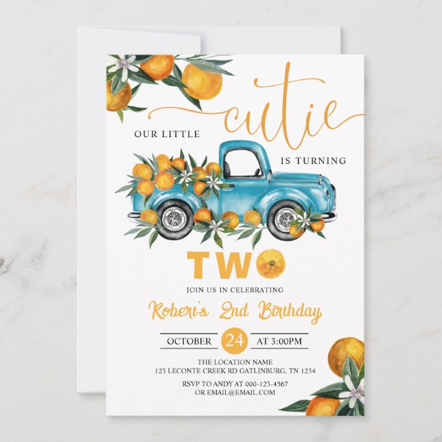 Orange Citrus Little Cutie 2nd Birthday Invitation (Front)