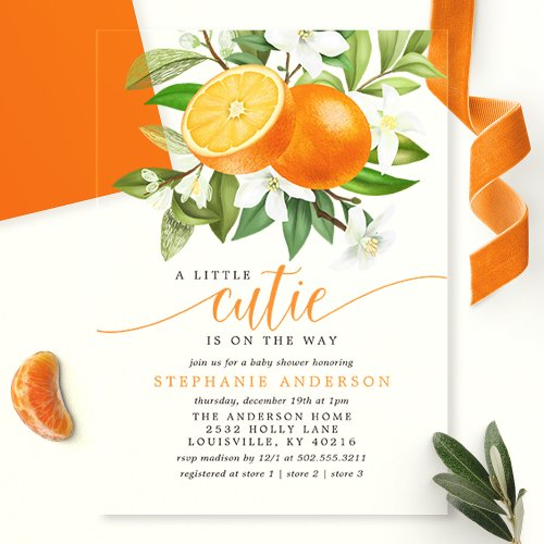 Orange Citrus Little Cutie On The Way Baby Shower Acrylic Invitations