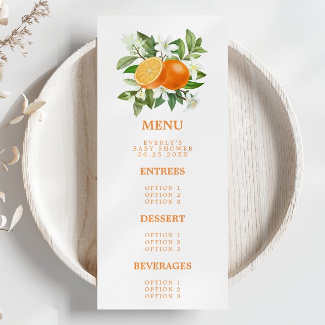 Orange Citrus Little Cutie On The Way Baby Shower Menu (Creator Uploaded)