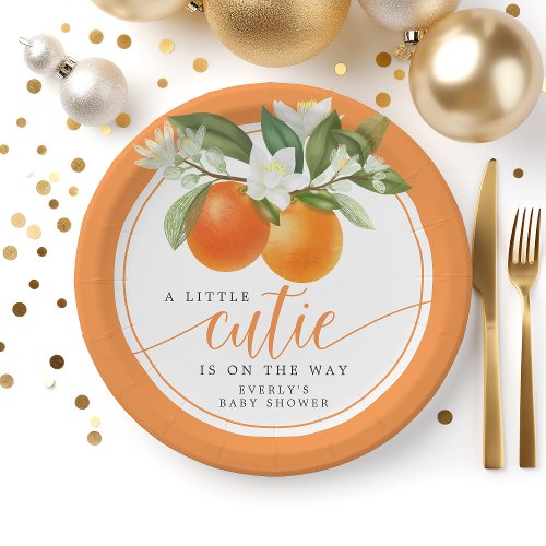 Orange Citrus Little Cutie On The Way Baby Shower Paper Plates