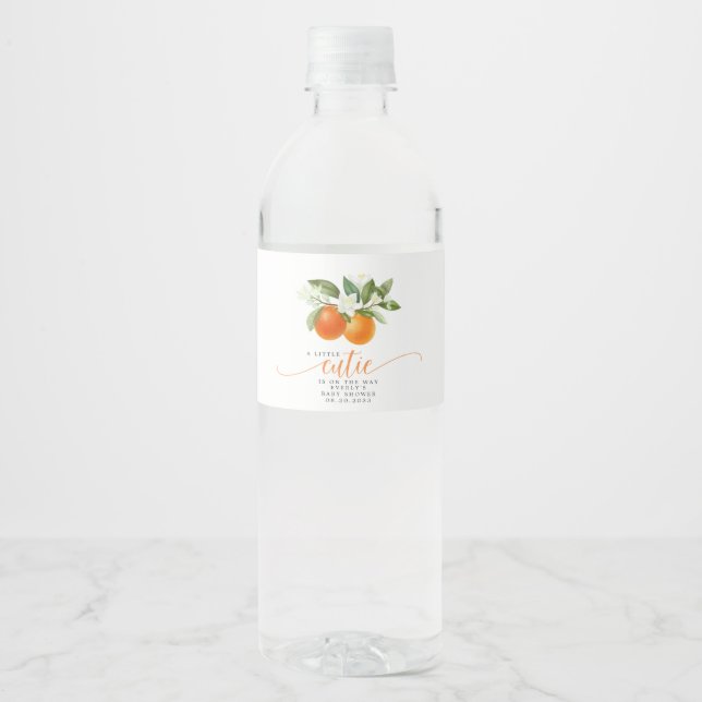 Orange Citrus Little Cutie On The Way Baby Shower Water Bottle Label (Front)
