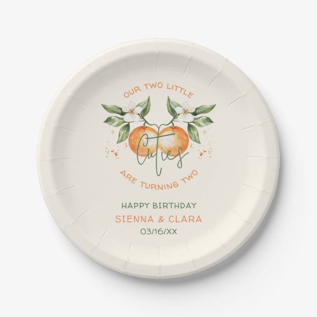 Orange Citrus Little Cutie Twin Birthday Paper Plates (Front)