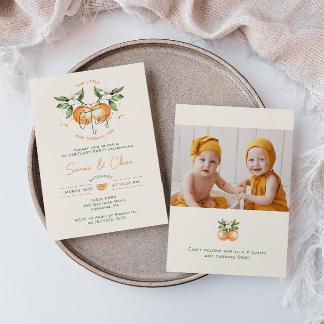 Orange Citrus Little Cuties Twin Photo Birthday Invitation (Creator Uploaded)