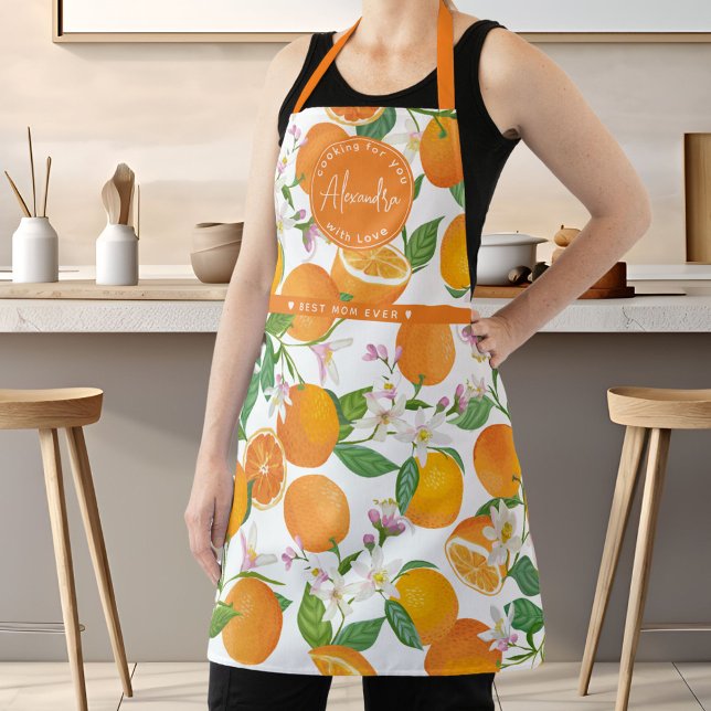 Orange Citrus Pattern Watercolor Best Mom Name  Apron (Orange Citrus Pattern Watercolor Best Mom Name Apron)