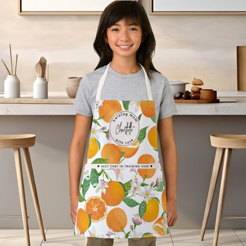 Orange Citrus Pattern Watercolor Kids Name Apron