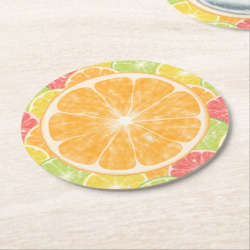 Orange Citrus Slices Round Paper Coaster