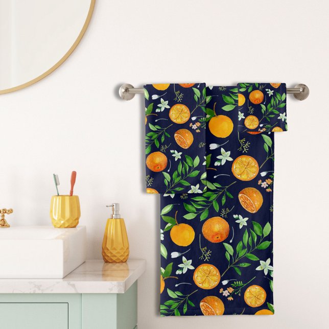 Orange Citrus Summer Floral Botanical Pattern Bath Towel Set (In situ)