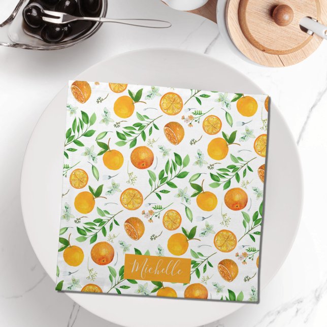 Orange Citrus Summer Floral Botanical Pattern Cloth Napkin (In situ)