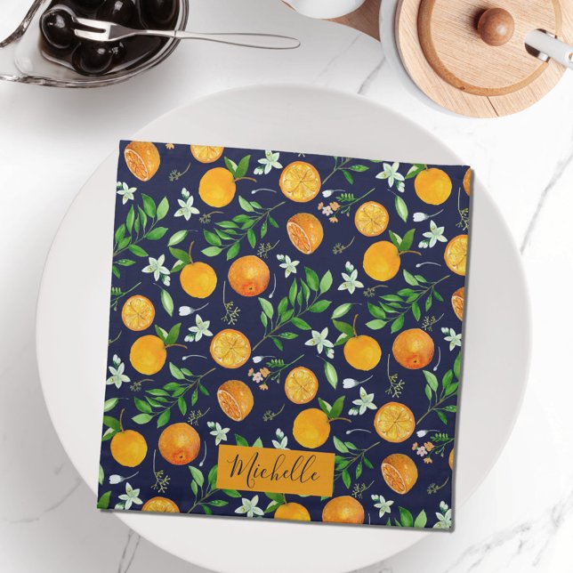 Orange Citrus Summer Floral Botanical Pattern Cloth Napkin (In situ)