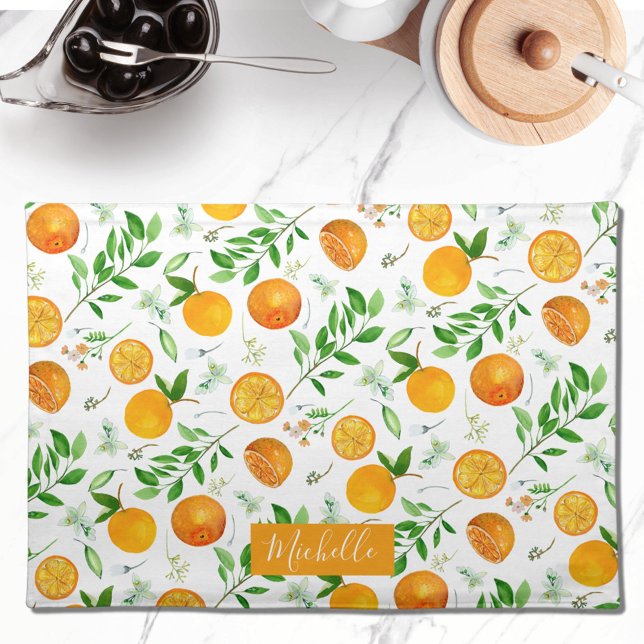Orange Citrus Summer Floral Botanical Pattern Cloth Placemat (In situ)