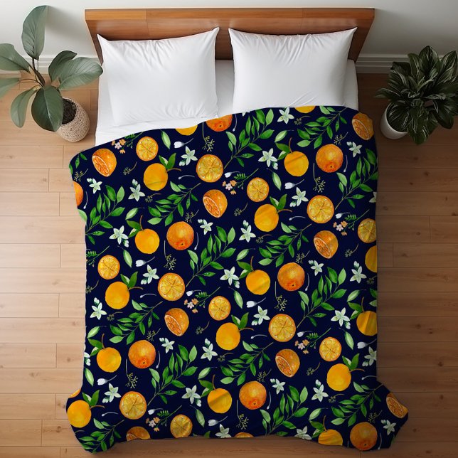 Orange Citrus Summer Floral Botanical Pattern Duvet Cover (In situ)