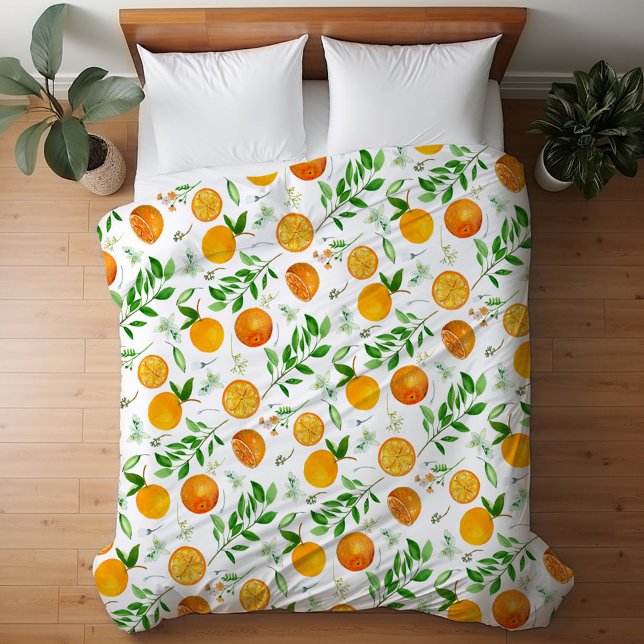 Orange Citrus Summer Floral Botanical Pattern Duvet Cover (In situ)