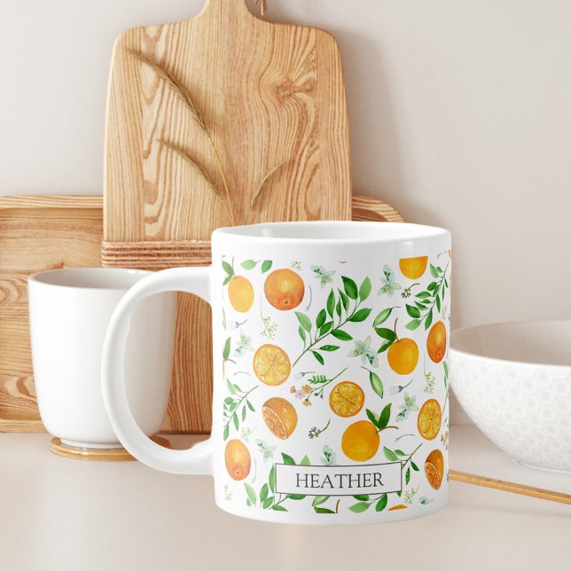 Orange Citrus Summer Floral Botanical Pattern Giant Coffee Mug (In situ)