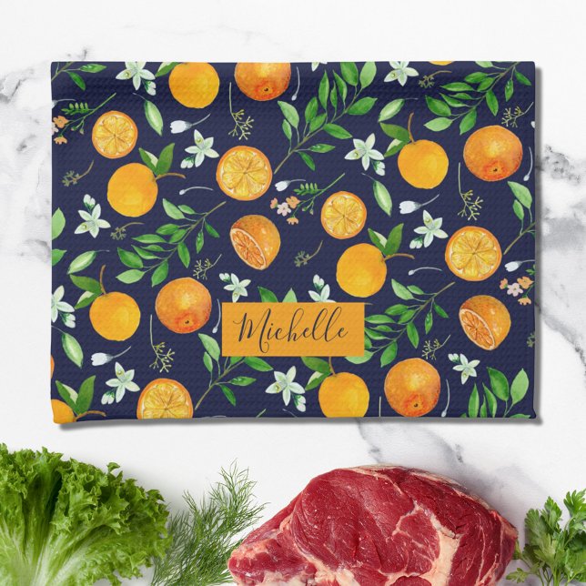 Orange Citrus Summer Floral Botanical Pattern Kitchen Towel (In situ)