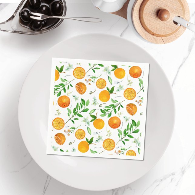 Orange Citrus Summer Floral Botanical Pattern Napkins (In situ)