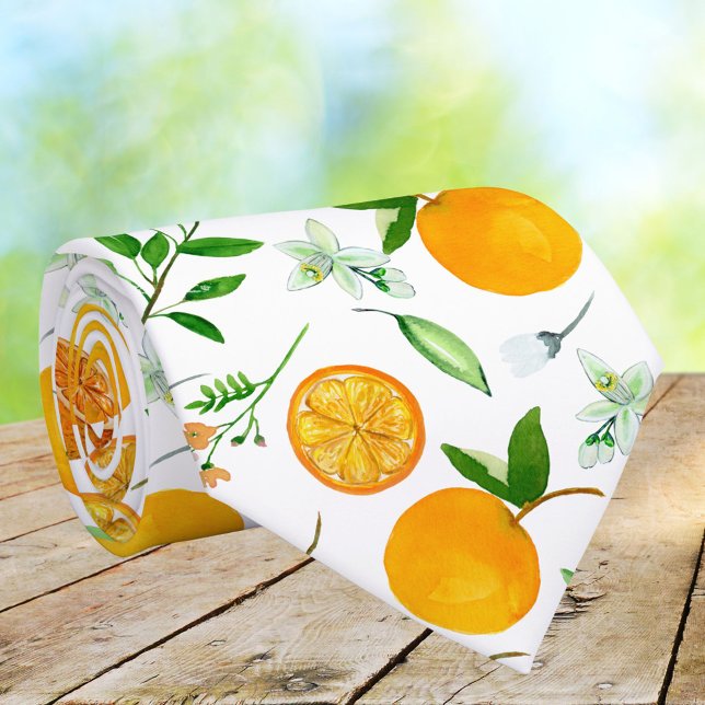 Orange Citrus Summer Floral Botanical Pattern Neck Tie (Close up)
