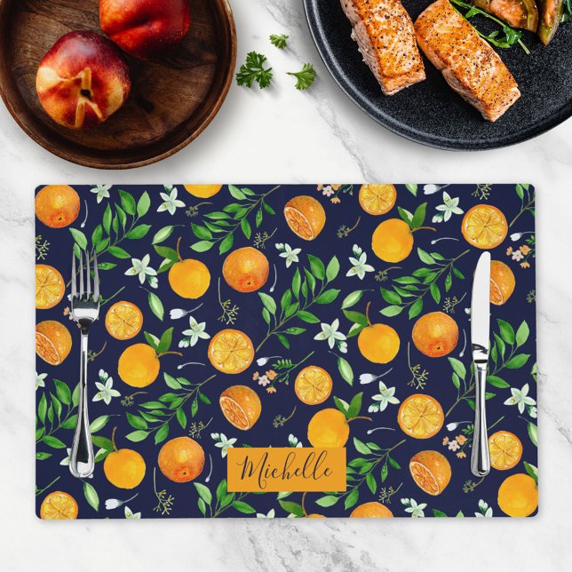 Orange Citrus Summer Floral Botanical Pattern Placemat (In situ)