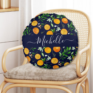 Orange Citrus Summer Floral Botanical Pattern Round Pillow
