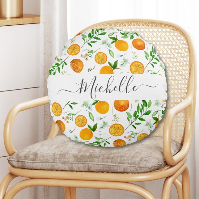 Orange Citrus Summer Floral Botanical Pattern Round Pillow (In situ)