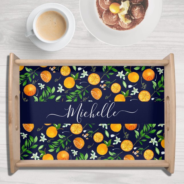 Orange Citrus Summer Floral Botanical Pattern Serving Tray (In situ)