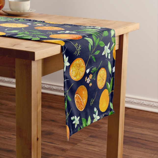 Orange Citrus Summer Floral Botanical Pattern Short Table Runner (In Situ)